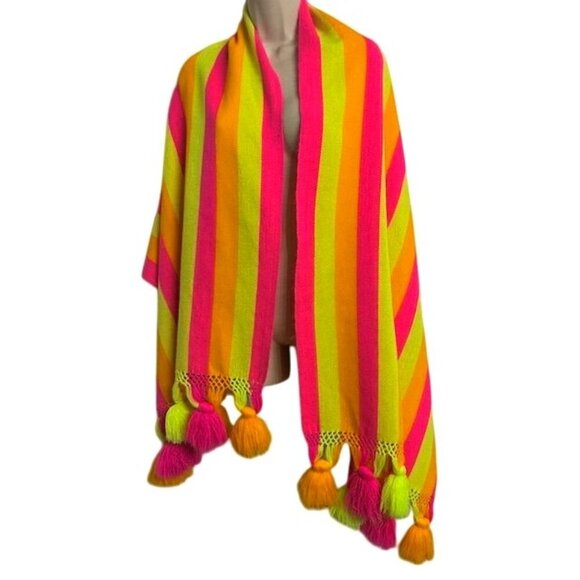 Fluorescent Rare Y2K Cotton Blend Long Scarf Shawl Wrap Knitted w/Fringe, Balls - Picture 1 of 7